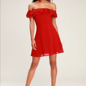 Red ruffle off the shoulders skater dress